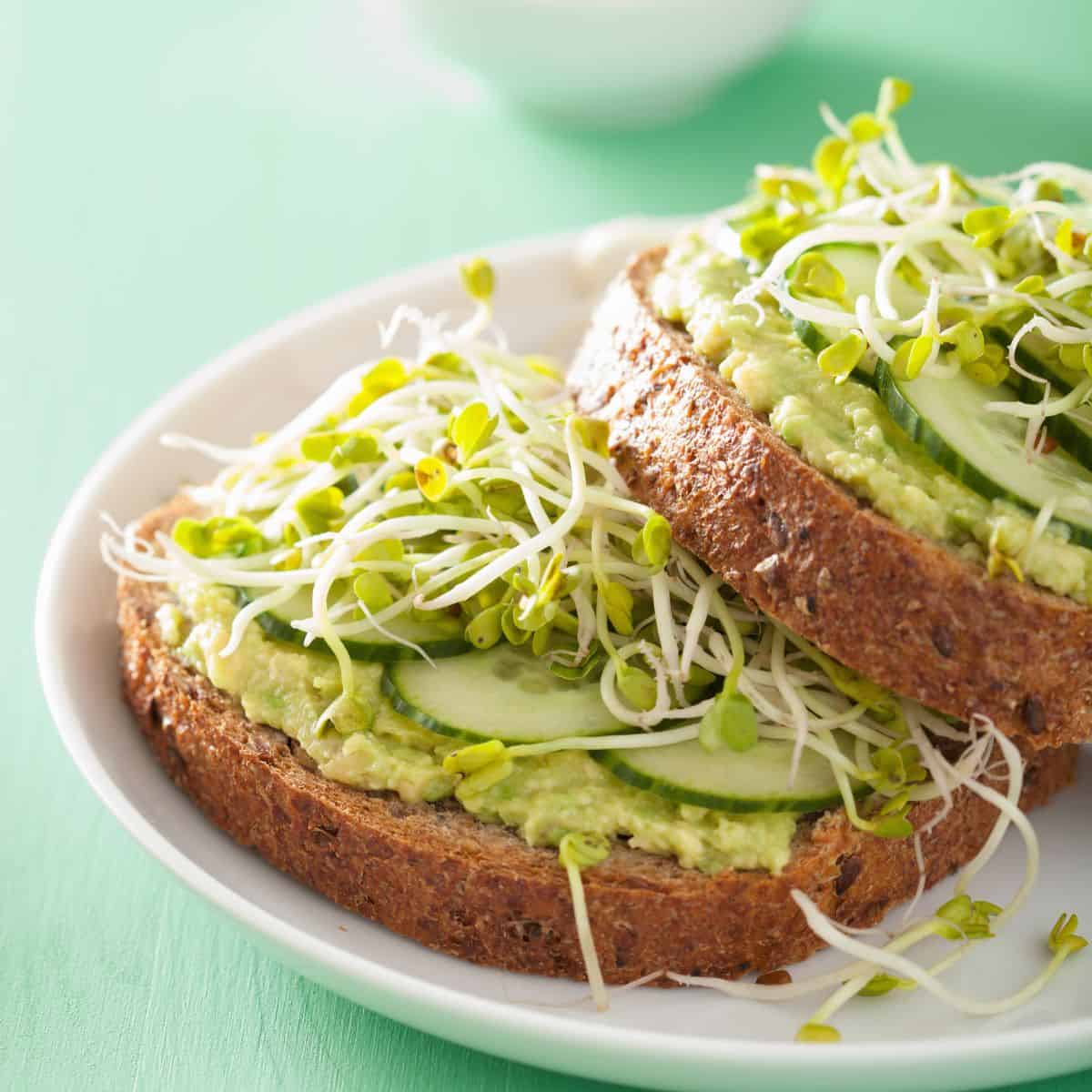 A plate of toasted bread with sprouts on it. Learn how to cook sprouted beans.