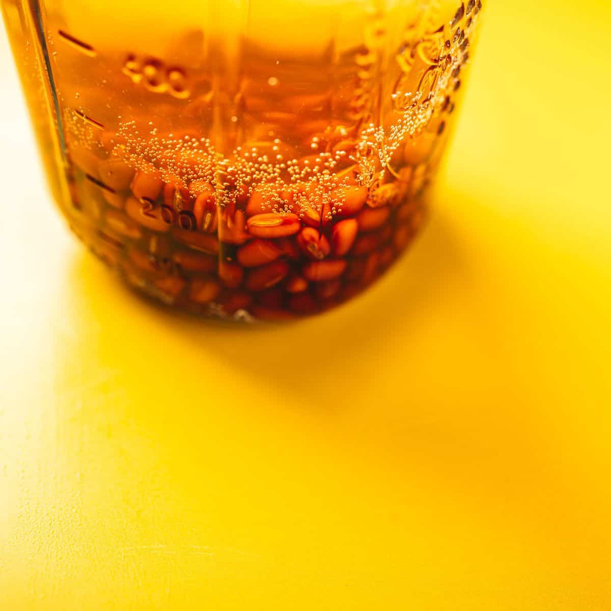 A jar of adzuki beans on a yellow background.