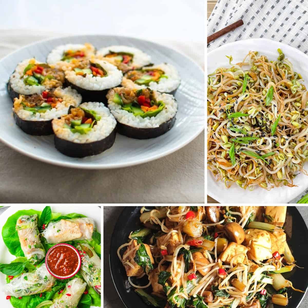 A visually enticing collage featuring a variety of mouthwatering Asian dishes, showcasing enticing bean sprouts recipes.