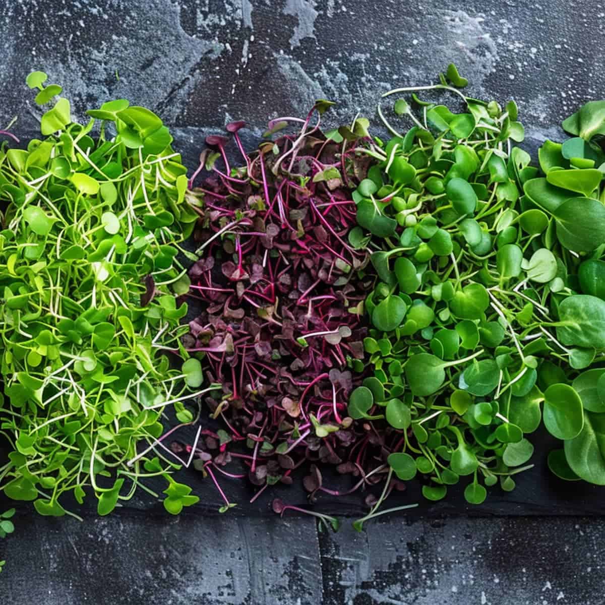 Three different types of microgreens, including green and purple varieties, are arranged in rows on a dark textured surface.