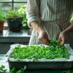 A person in an apron harvests microgreens from a tray lined with parchment paper, using it as a growing medium for microgreens, with potted plants visible in the background on a kitchen counter.