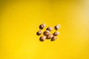 Nine dried chickpeas are scattered on a bright yellow surface, perfect for illustrating how to sprout chickpeas at home.